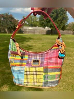 Vintage Dooney & Bourke Madras Picnic Hobo Bag with Duck Charm EUC